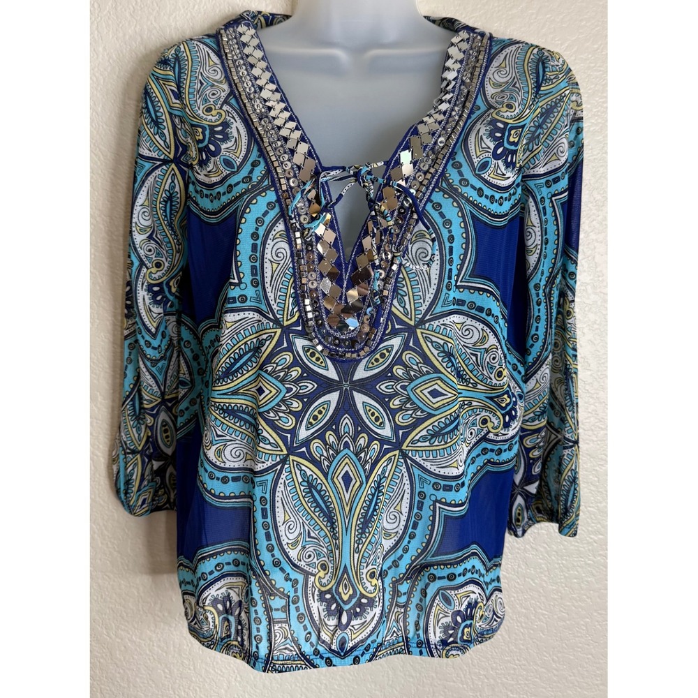 INC Petite Small Blue Paisley Mesh Blouse Sequin Embellished 3/4 Sleeve Top Boho